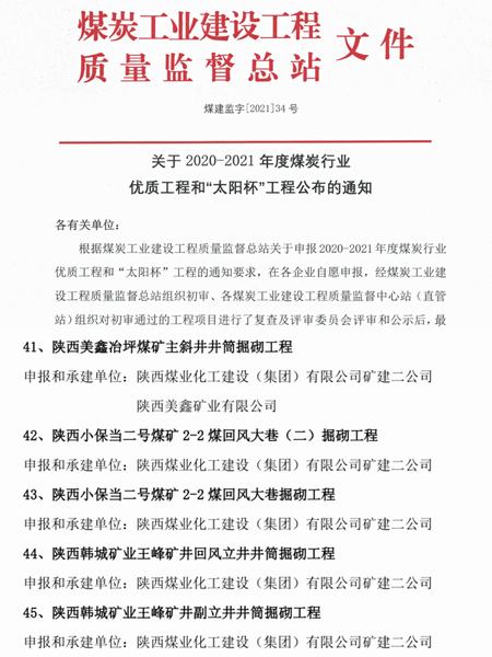 陜煤建設(shè)礦建二公司創(chuàng)優(yōu)奪杯再創(chuàng)佳績